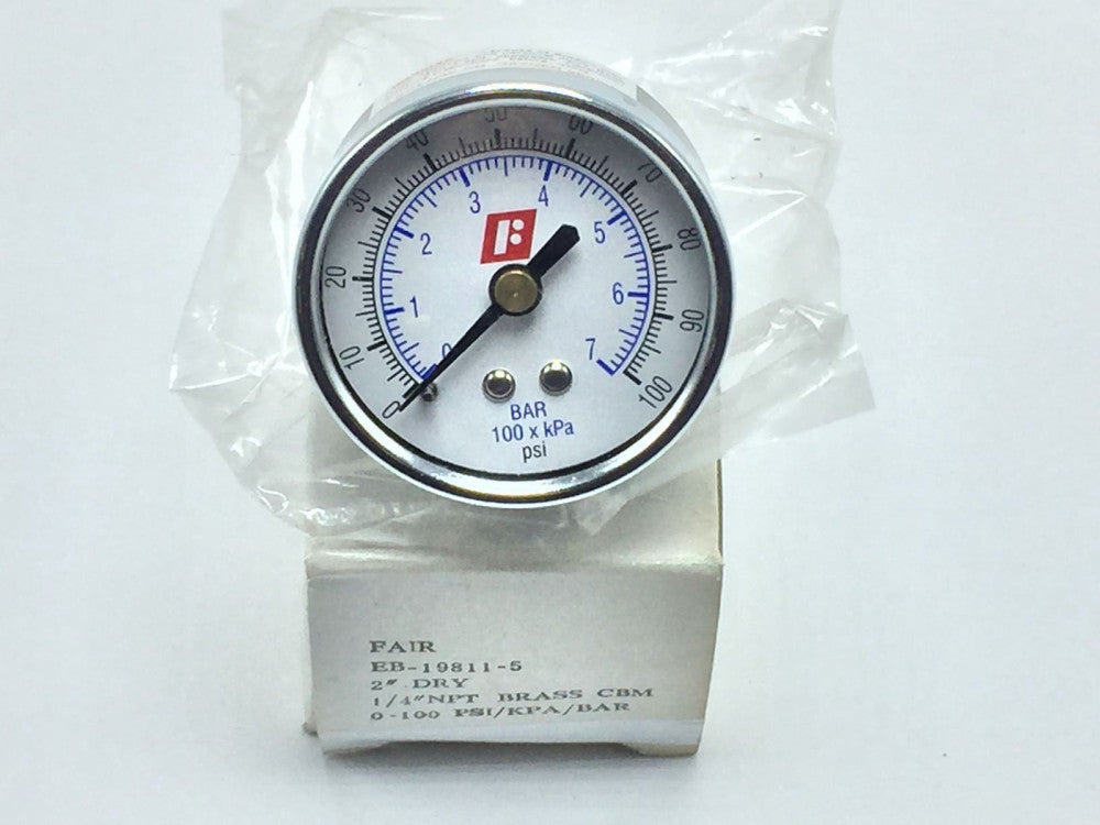NEW Fair EB-19811-5 Pressure Gauge 2" 1/4" NPT 0-100Psi 