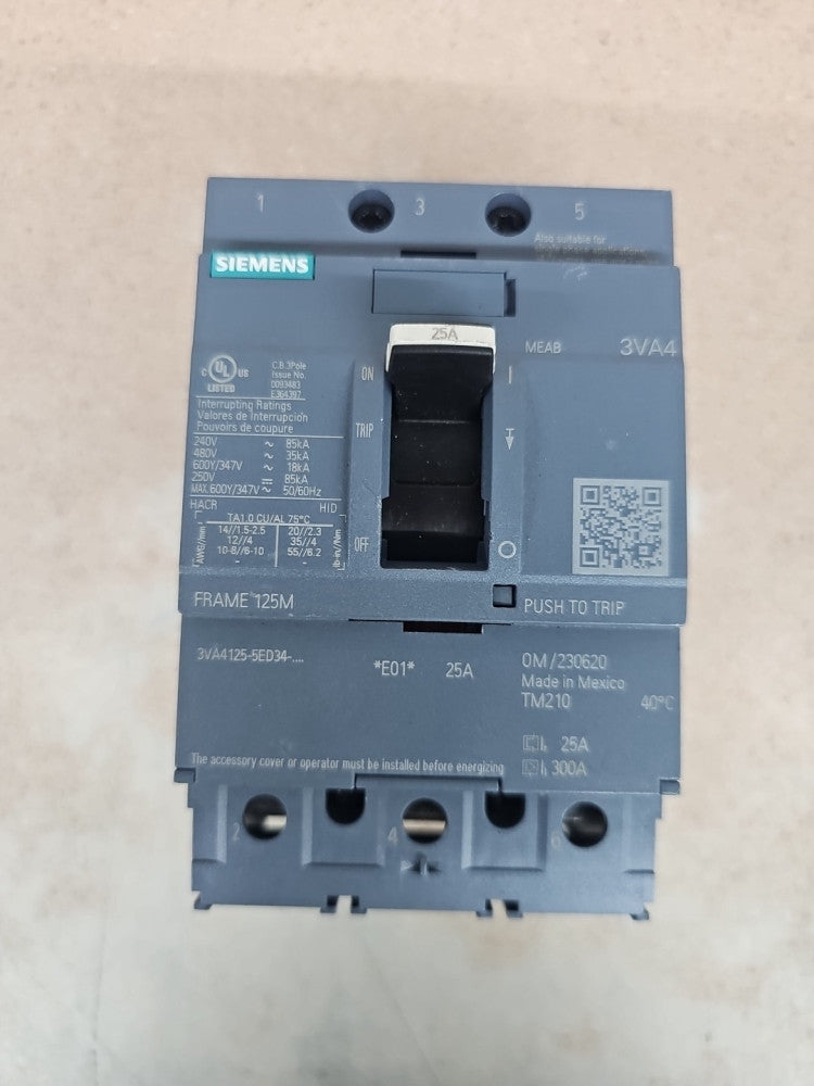 New Take Out SIEMENS 3VA4125-5ED34-0AA0 3 POLE 25 AMP BOLT-ON CIRCUIT BREAKER