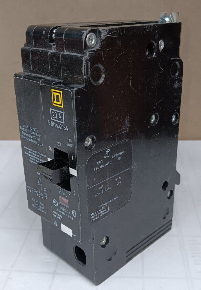 SQUARE D 20 AMP BOLT-ON CIRCUIT BREAKER W/ SHUNT TRIP 1P 277 VAC 65kA EJB14020SA