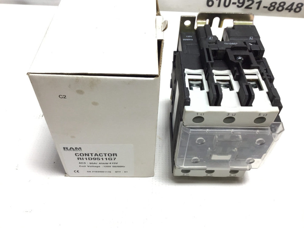 Ram Industries RI1D9511G7 Contactor AC3: 95A 45kW 415V Coil Voltage 120V 50/60Hz
