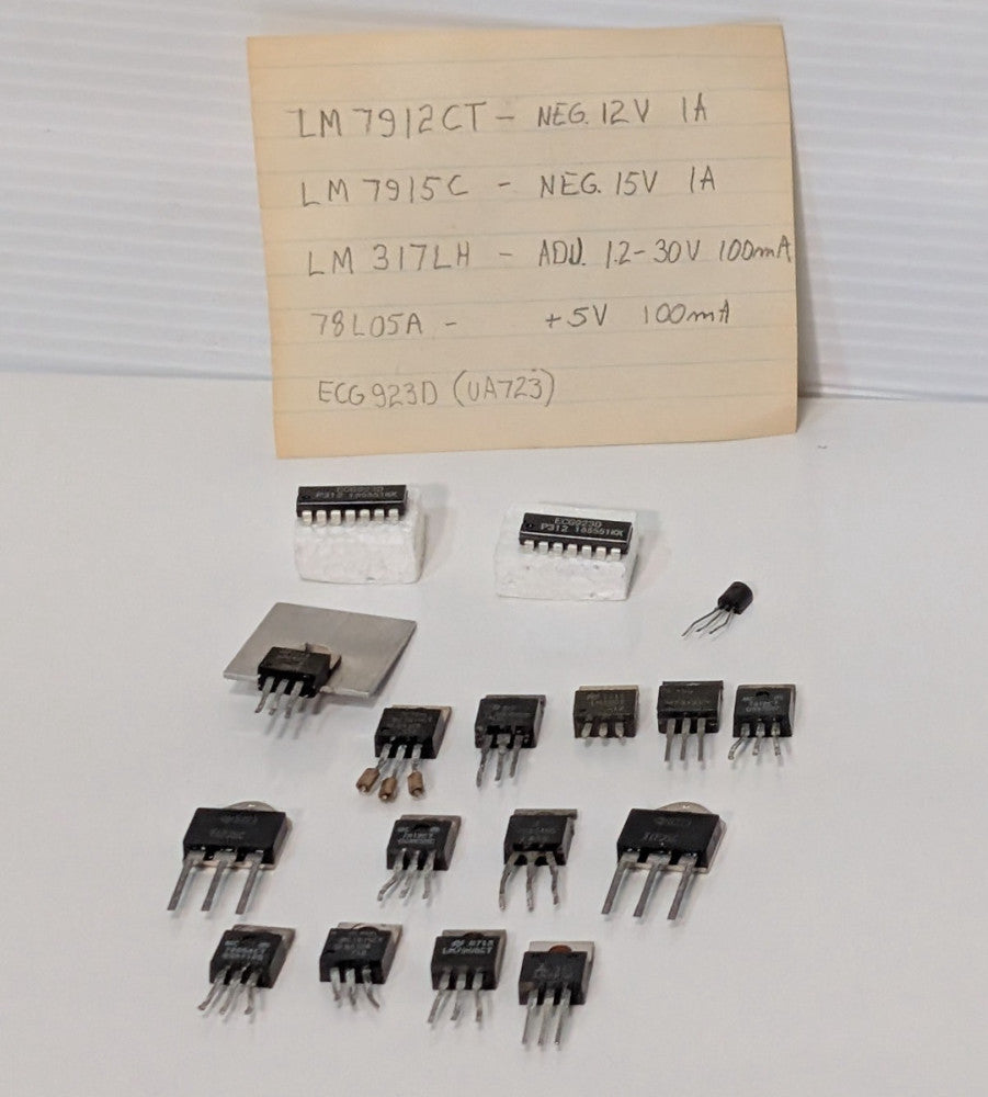 Assorted Industrial Transistors, ECG923D, Phillips MC7815CT, TI LM7905CT, More
