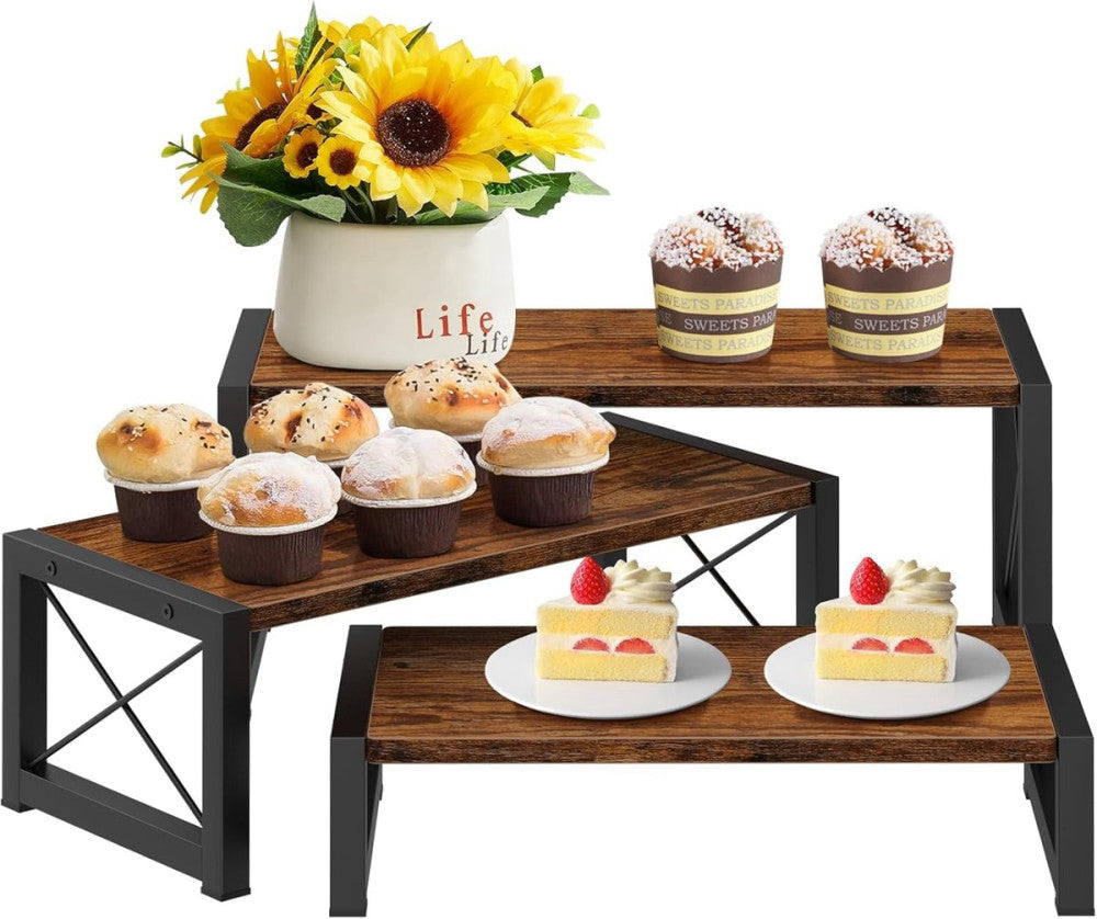 3 Tier Wooden Cupcake Stand Rustic Brown Display Risers for Dessert & Decor