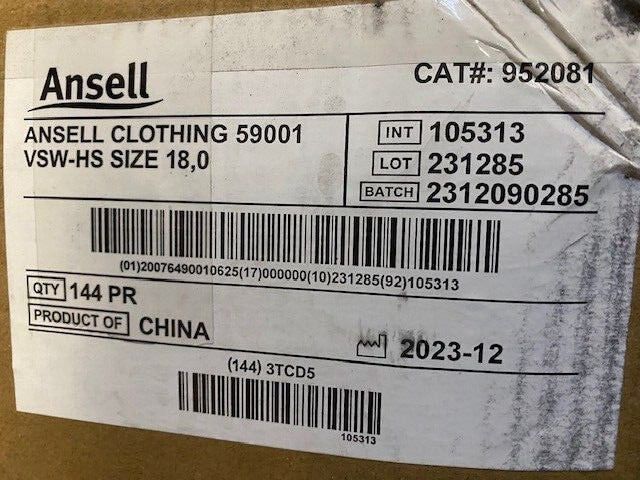 (CASE OF 144 PAIR) ANSELL CLOTHING 59001 VSW-HS SIZE 18,0  - 952081