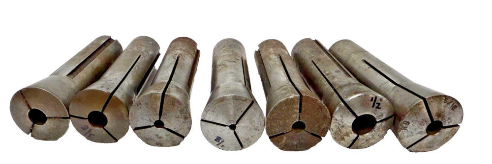 COLLETS LOT OF 7 R8, 1/2", .5/16", 2X3/8",1/4",1/8",3/16" OVERALL 4",HSS