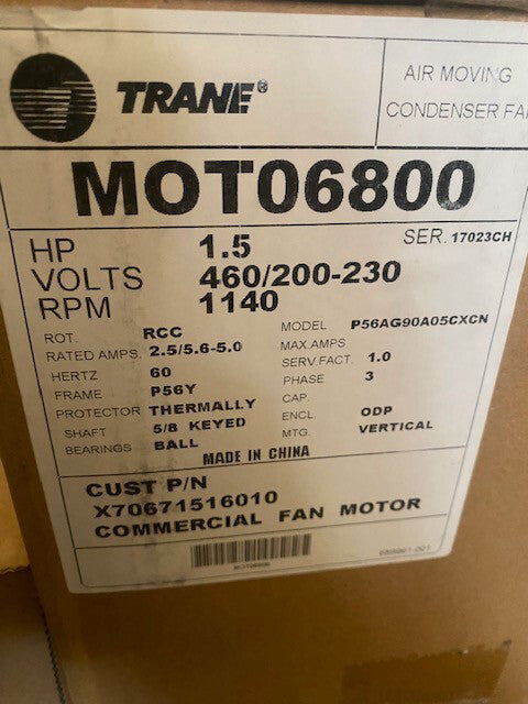 Genuine Trane Motor, 1.5 HP, 200/460V, 1140 RPM, MOT06800 (NEW)