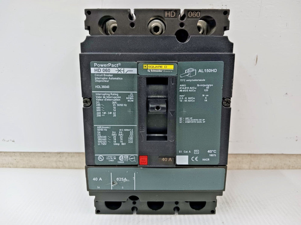 Square D PowerPact 40 Amp Circuit Breaker 3 Pole 600 VAC / 250 VDC HDL36040