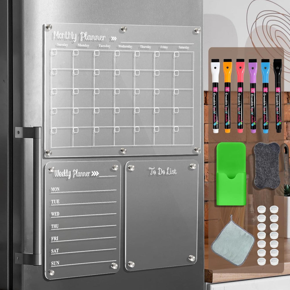 Acrylic Magnetic Dry Erase Board for Fridge，Set of 3 17"W x 0.4"H, Clear 