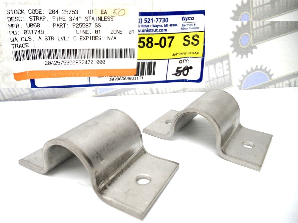 (2-SS STRAPS) UNISTRUT - P2558-07 SS - Stainless 3/4" PIPE STRAP STRUT - (NEW)
