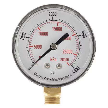 Zoro Select 4Flw9 Commercial Pressure Gauge, 0 To 4,000 Psi, 2 1/2 In Dial, 1/4