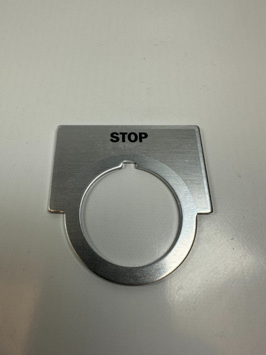 "Stop" with Silver Background Pushbutton Legend Alum. 2" Across for 30mm Buttons