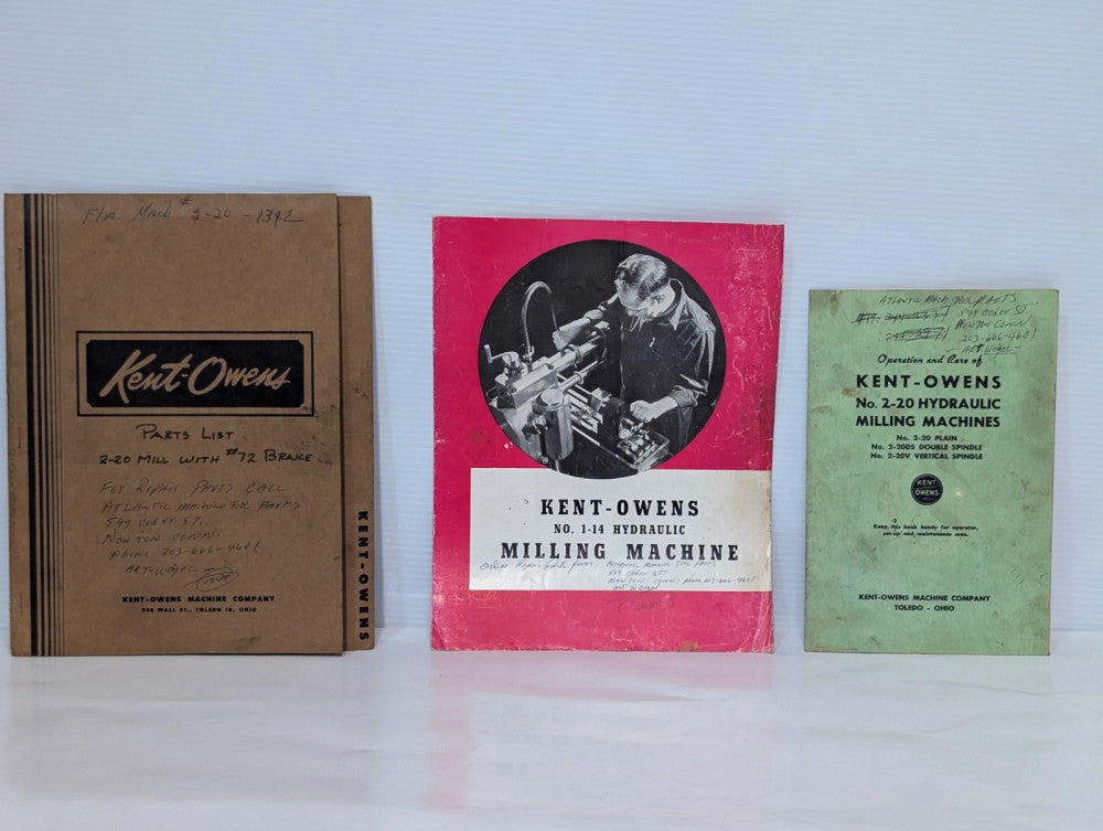 Lot of 3 Kent-Owens 1-14, 2-20, 2-20DS & 2-20V Milling Machine Owners Manuals
