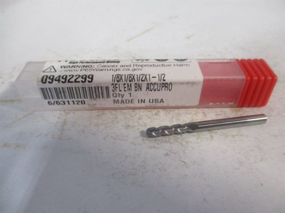 (12184325) 1/8" x 1/2" x 1/8" x 1-1/2" OAL Solid Carbide 3 Flute Ball End Mill 