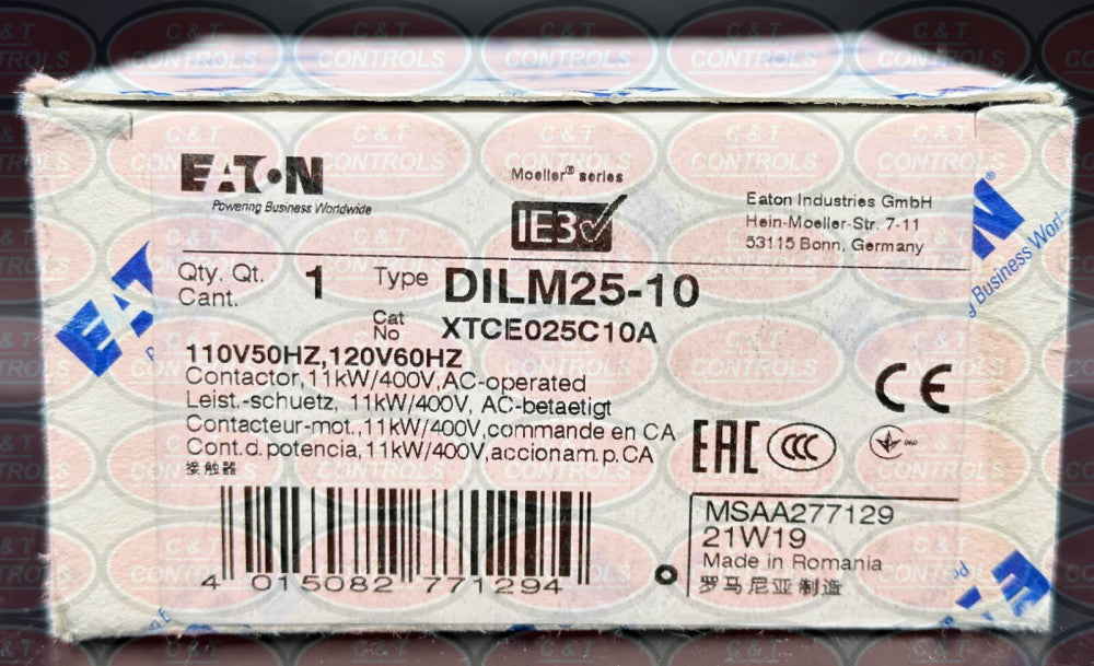Eaton XTCE025C10A 3P 120VAC 25A IEC Contactor New In Box USA Stock