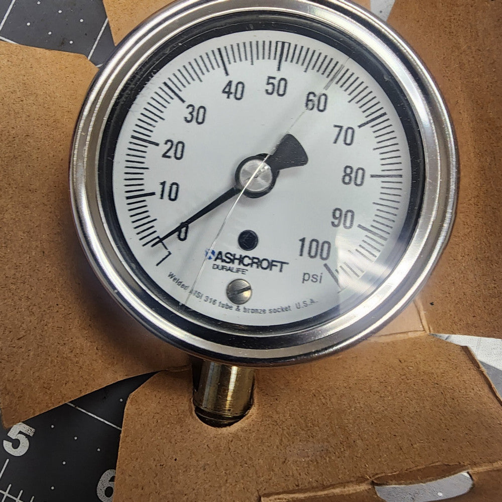 Ashcroft 25-1009-AW-02L-100#-XLJSG Pressure Gauge, 0-100psi CRACKED GLASS [OF51]