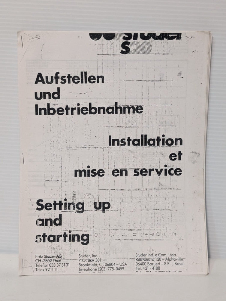 Studer Inc. S20-2 Machine Installation, Setting Up & Starting Manual, as shown