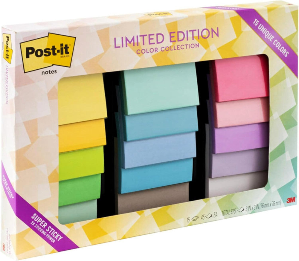 Super Sticky Notes, Limited Edition Color Collection, 3X3 In, 15 Pads/Pack, 45 S
