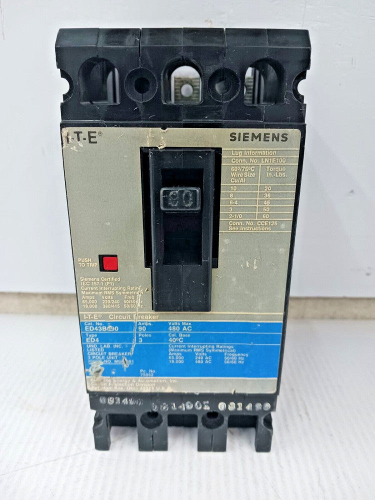 SIEMENS ITE 90 AMP CIRCUIT BREAKER 3 POLE 480 VAC ED43B090