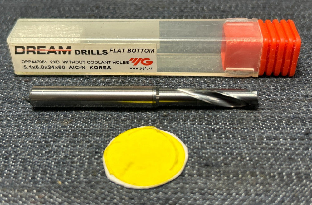 YG-1 2 FLUTE FLAT BOTTOM CARBIDE DRILL BIT  DPP447051 2XD  5.1 X 6.0 X 24 X 60