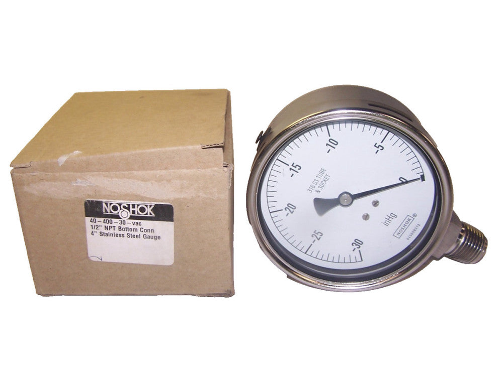 NEW NOSHOK 4" STAINLESS STEEL GAUGE RANGE 1/2" NPT  40-400-30-VAC