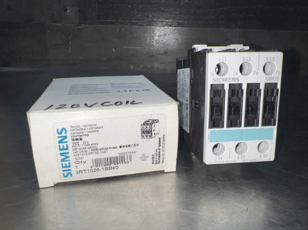 Siemens 3RT1026-1BB40 11kW 25A 400V/24V 3-Pole Contactor Nos Surplus