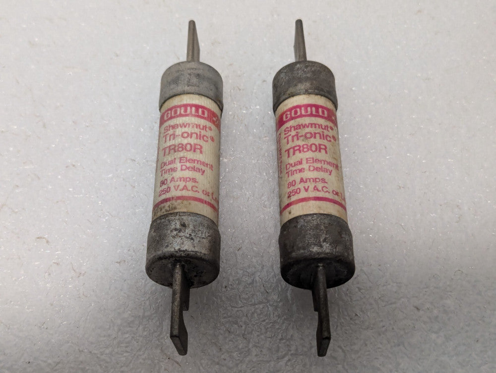Lot of 2 Gould Shawmut TR80R Time-Delay, Dual-Element Fuses, 80A, 250vac, RK5