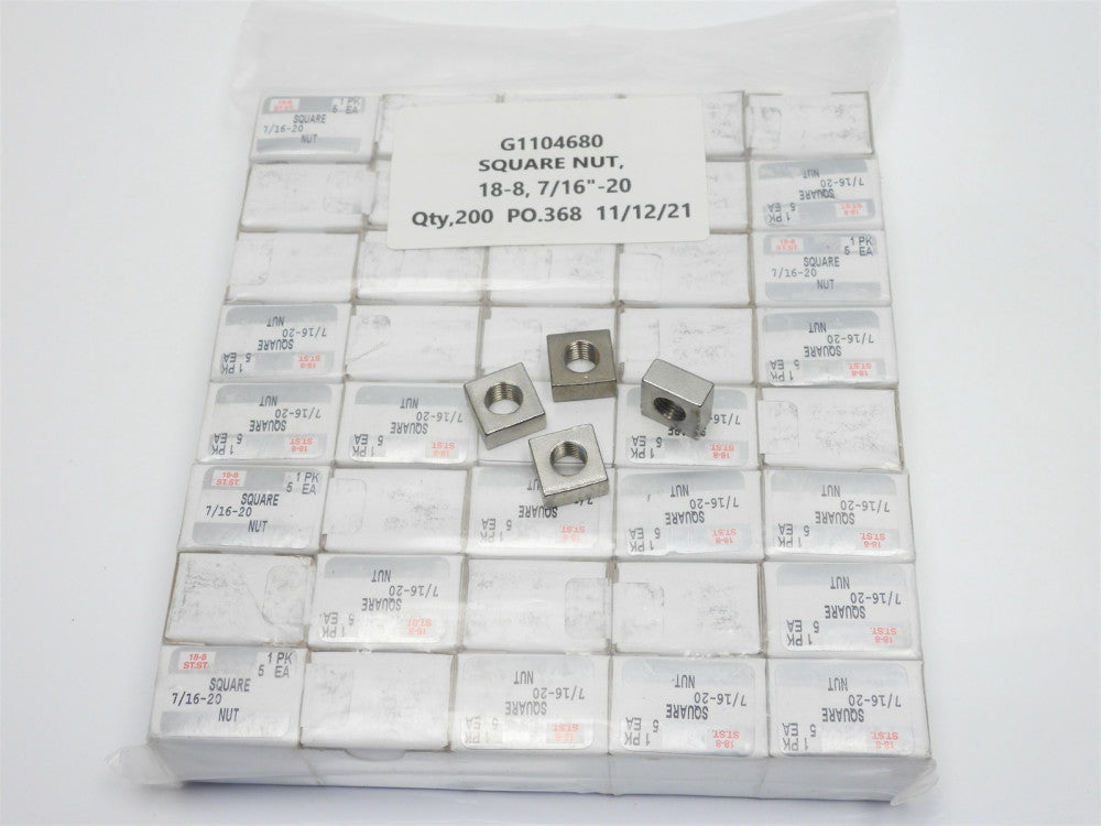 Qty=200 Square Nut 7/16-20 18-8 Stainless Steel 3/4" Wide x 3/8" Tall