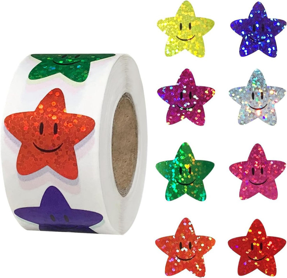 500 Pcs Star Smiley Stickers for Rewarding Student Behaviour, 8 Colour Glitter S