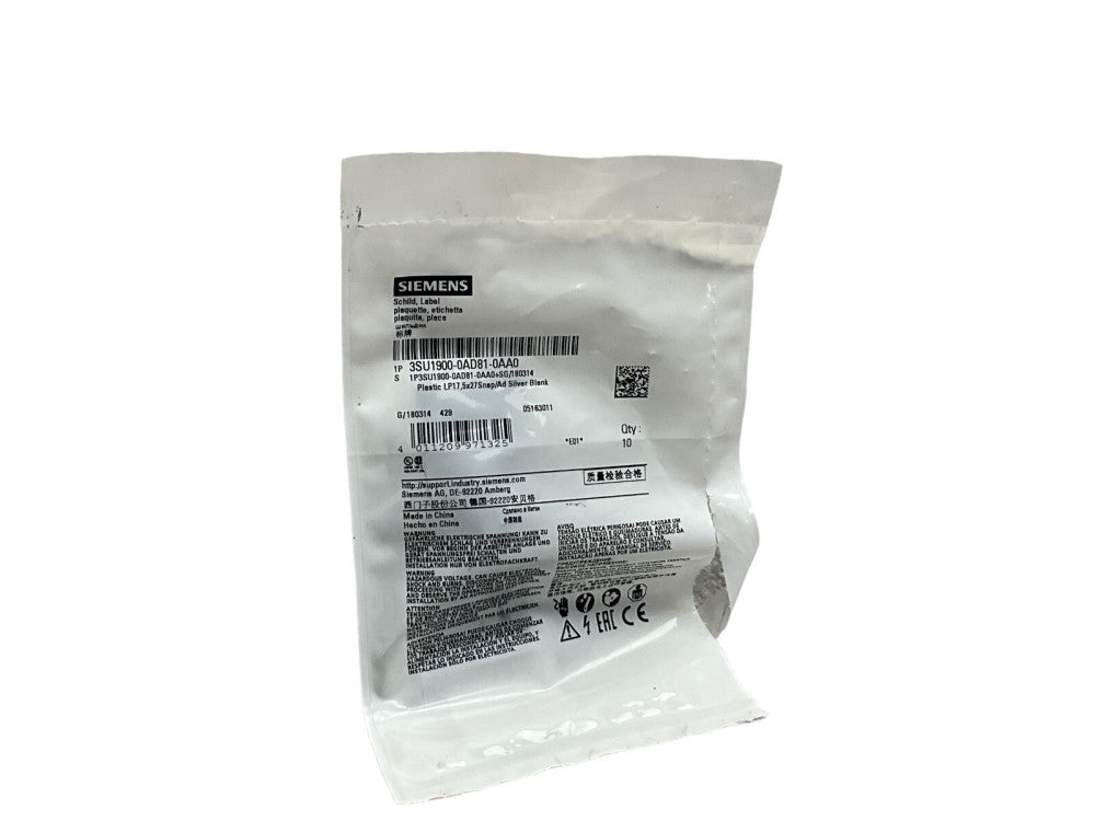 10 Piece Siemens 3SU1900-0AD81-0AA0 Label