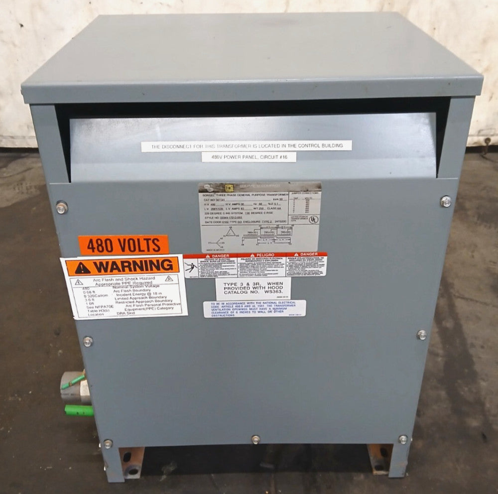 SQUARE D THREE PHASE GENERAL PURPOSE DRY TRANSFORMER CAT NO 30T3H 480V-208Y/120V
