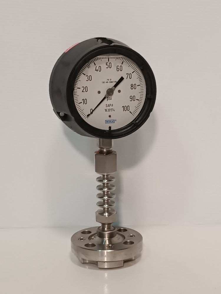 Wika 1630174 Pressure Gauge, 0-100 psi, 4" Dial, with SS316L Tube and Connector