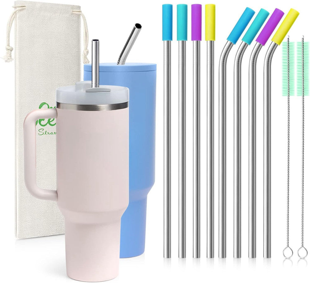 Teivio 8 Piece 5/16 inch (8mm) Wide straight + Bent Straws, Silver 