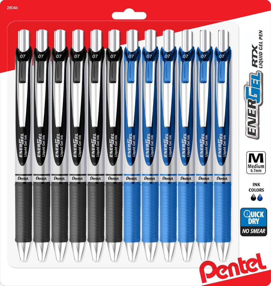 Pentel Energel 0.7 mm Rtx Retractable, 1 Count (Pack of 12), Black and Blue 