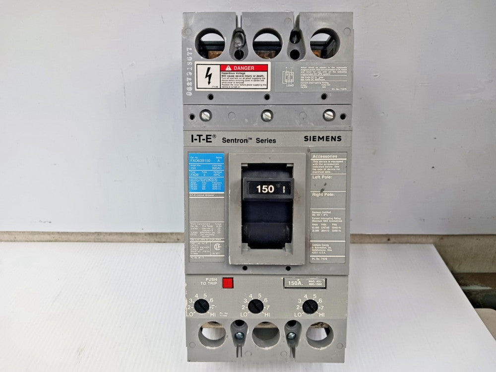 Siemens ITE Sentron 150 Amp Circuit Breaker 3P 600 VAC FXD63B150 w/ 150 Amp Trip