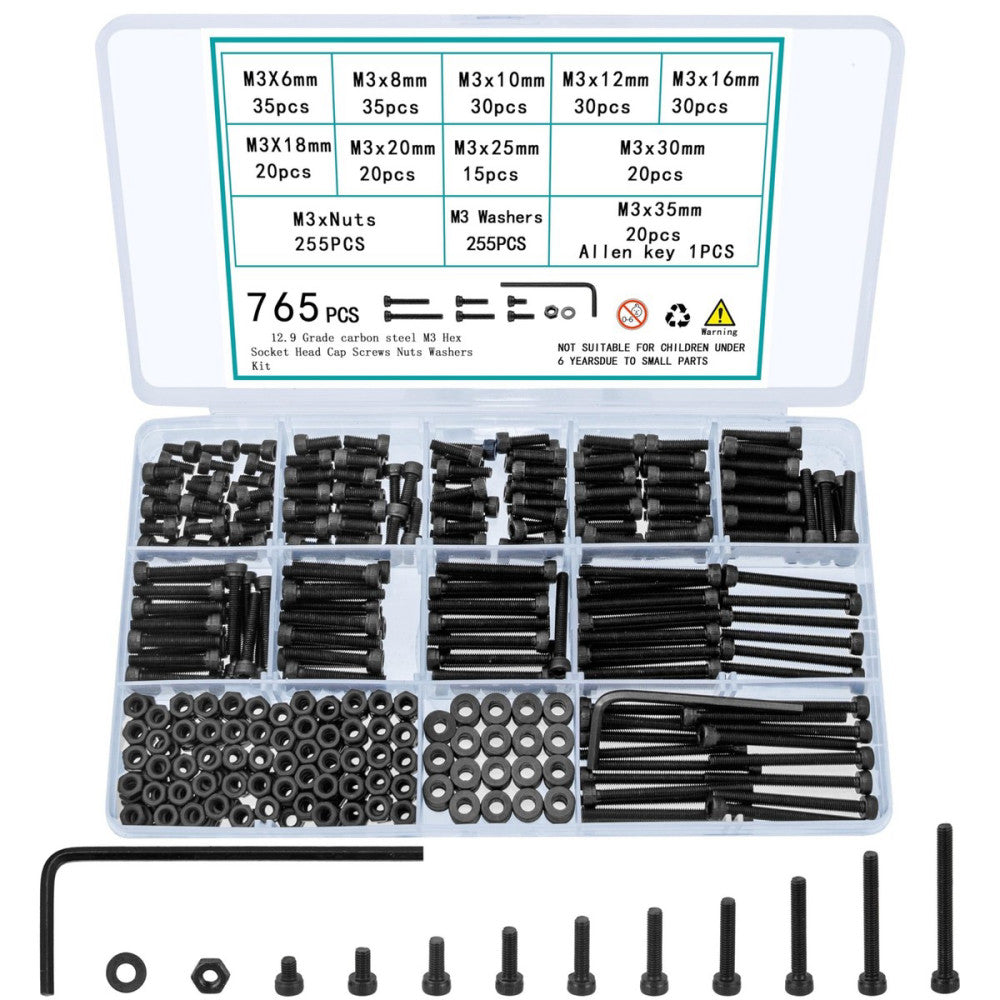 TOOINKCV 765 Pcs M3 Screws Bolts and Nuts Assortment Kit Small Hex Socket Hea...