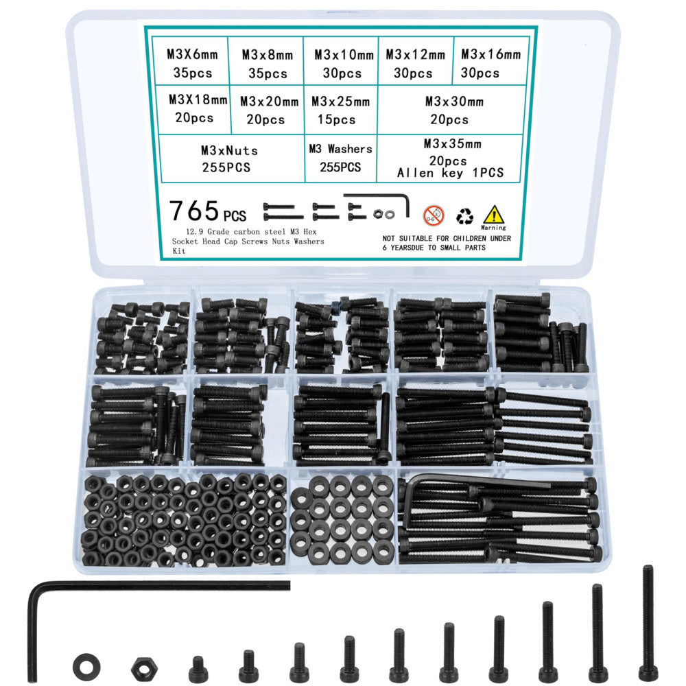 TOOINKCV 765 Pcs M3 Screws Bolts and Nuts Assortment Kit Small Hex Socket Hea...
