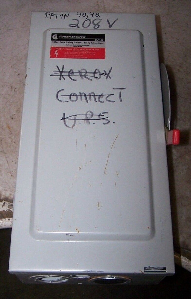EATON 100 AMP FUSED SAFETY SWITCH 240 VAC 15 HP 1 PHASE G223SNK