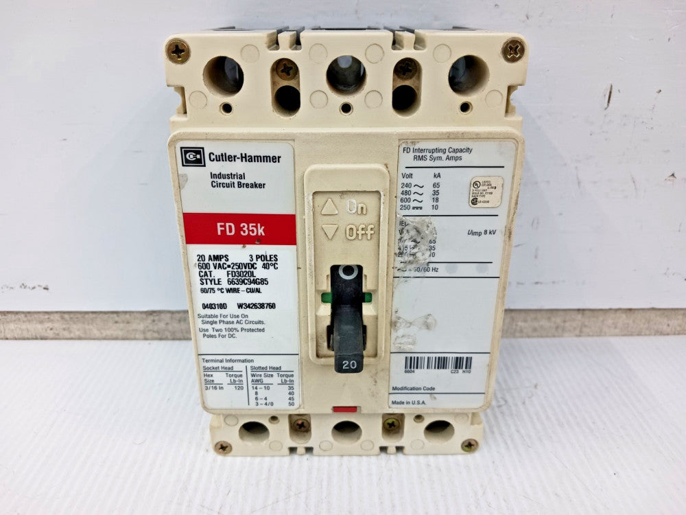 Cutler Hammer 20 Amp Circuit Breaker 3 Pole 600 VAC / 250 VDC 35kA FD3020L