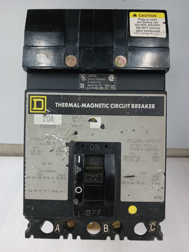 SQUARE D 20 AMP CIRCUIT BREAKER 3 POLE 480 VAC FC34020