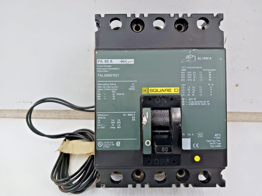 New Square D 60 Amp Circuit Breaker 3 Pole 480 VAC FAL340601021 W/ Shunt Trip