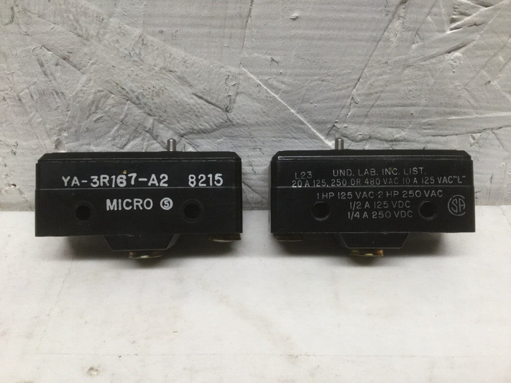 Micro Switch YA-3R167-A2 Pin Plunger 20A 125, 250 or 480 VAC (Lot of 2)