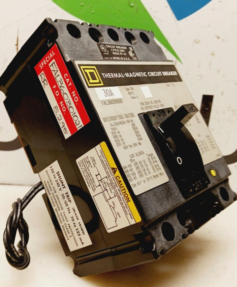 SQUARE D FAL360301021 30 AMP CIRCUIT BREAKER 3 POLE 600 VAC 250 VDC W/SHUNT TRIP