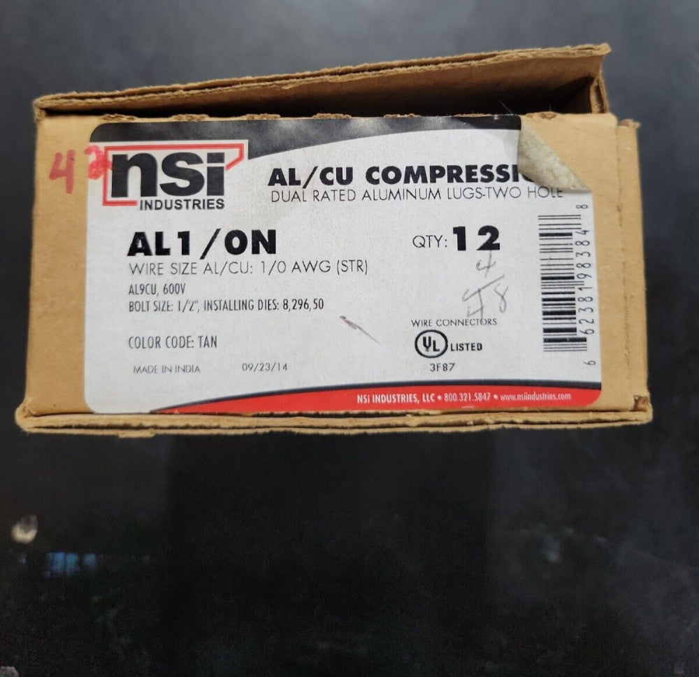 1 BOX- NSI AL1/0N, 1/0 Awg Alum Compression Lug, 1/2 Bolt Size 2 Hole- NOS