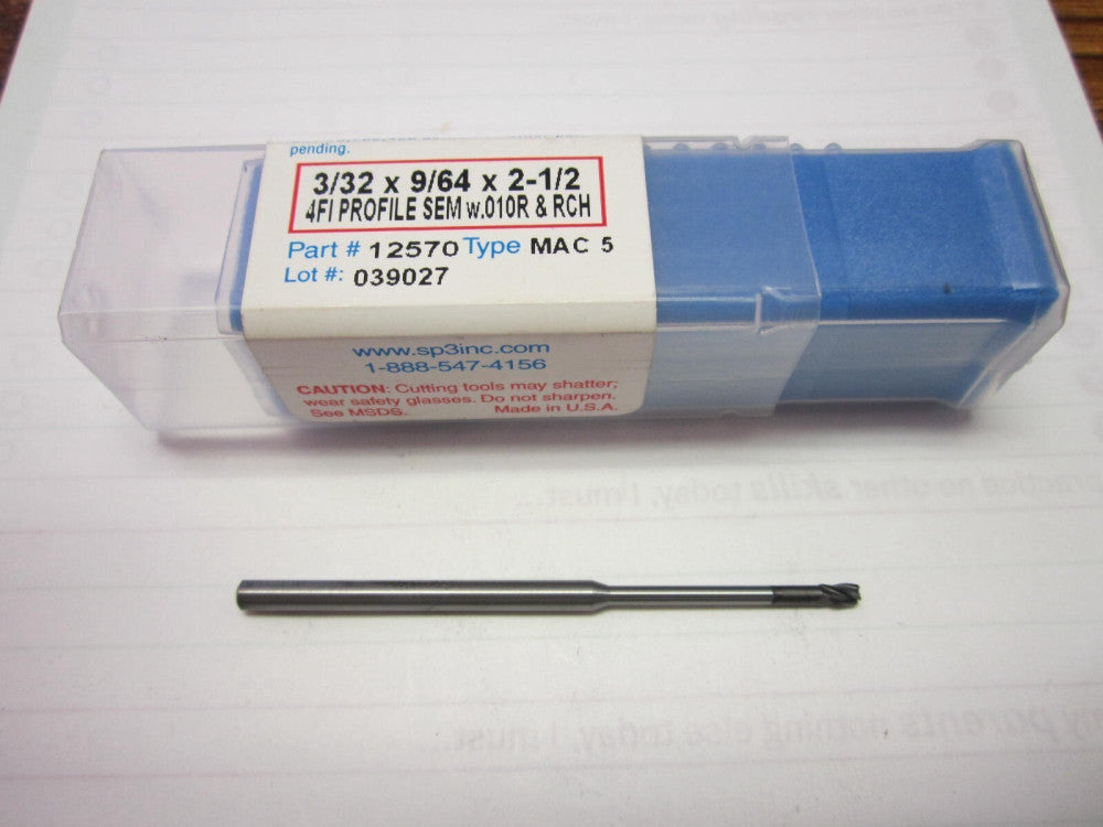SP3 (12570) 3/32 x 1/8 x 9/64" x 2-1/2" OAL 4 FL Corner Radius Profiling Endmill