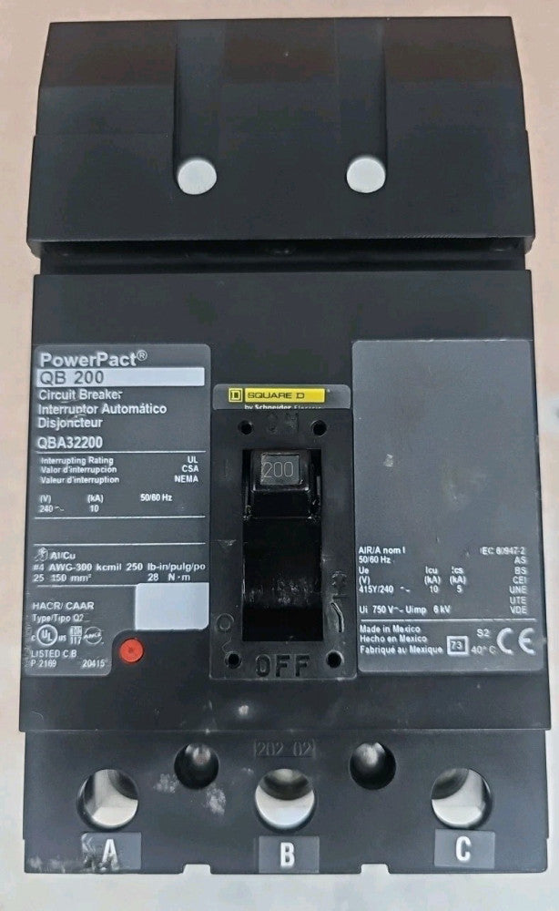 PowerPact NTO  QBA32200 Circuit Breaker, 200 Amp, 240 Volt, 3 Pole