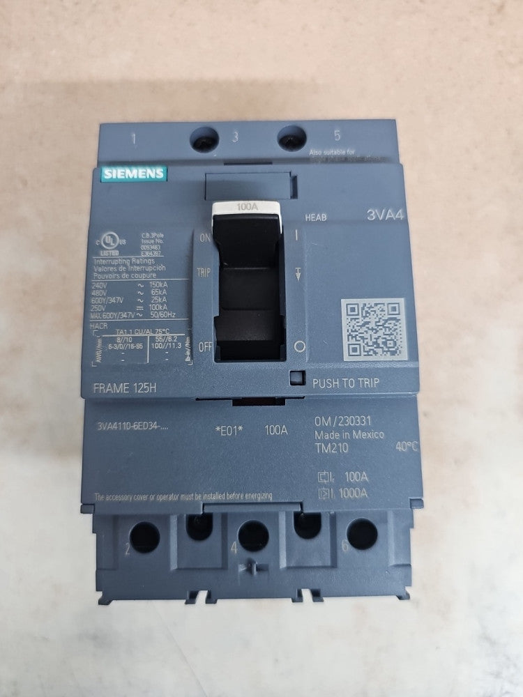 Siemens 3VA4110-6ED34-0AA0 100 Amp 600Y/347 VAC 3 Pole Type 3VA4 Breaker NTO