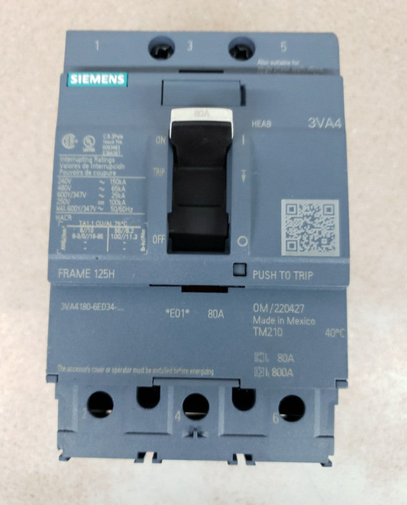 SIEMENS 3VA4180-6ED34-0AA0  ,CIRCUIT BREAKER,  3P/80A /480V/65kA   NTO