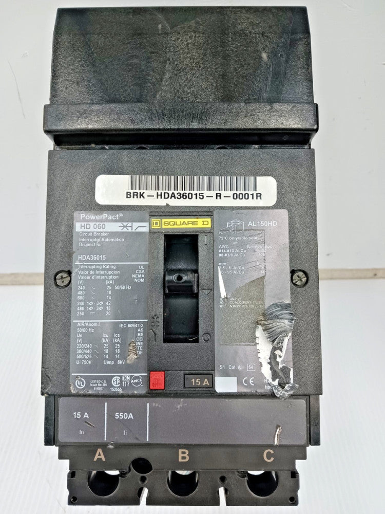 Square D PowerPact 15 Amp I-Line Circuit Breaker 3P 600V HDA36015 *Missing Lugs*