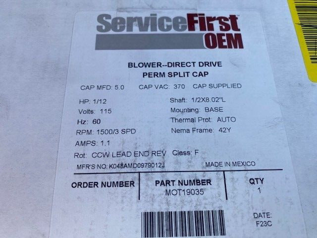 3 Speed Motor w/ Capacitor 0.08 HP, 115V, TRANE MOT19035 (NEW)