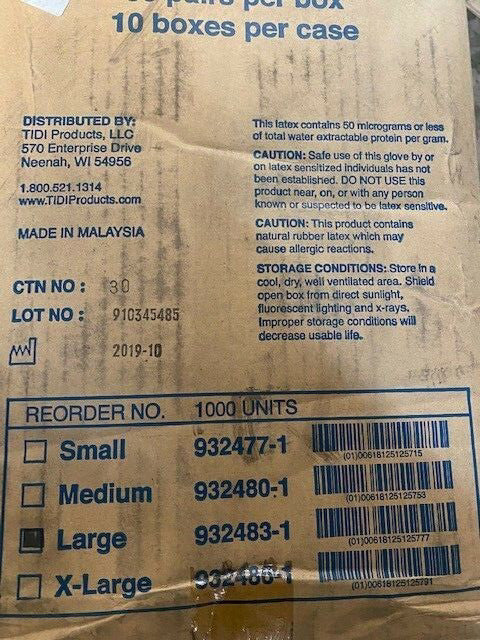 Case of 500 PR TIDI Exam Gloves Latex Powder Free Large 12"L Beaded Cuff 18 Mils