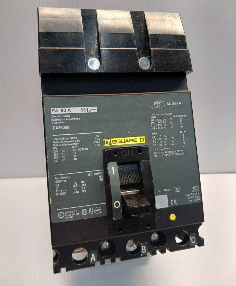 SQUARE D FA36090 I-LINE 90 AMP CIRCUIT BREAKER 3 POLE 600 VAC 18kA @ 480 VAC